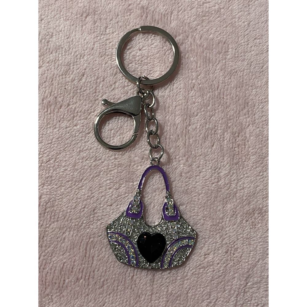 Purse Keychain Purple Enamel/ Clear Crystals/With A Purple Heart Silver Hardware